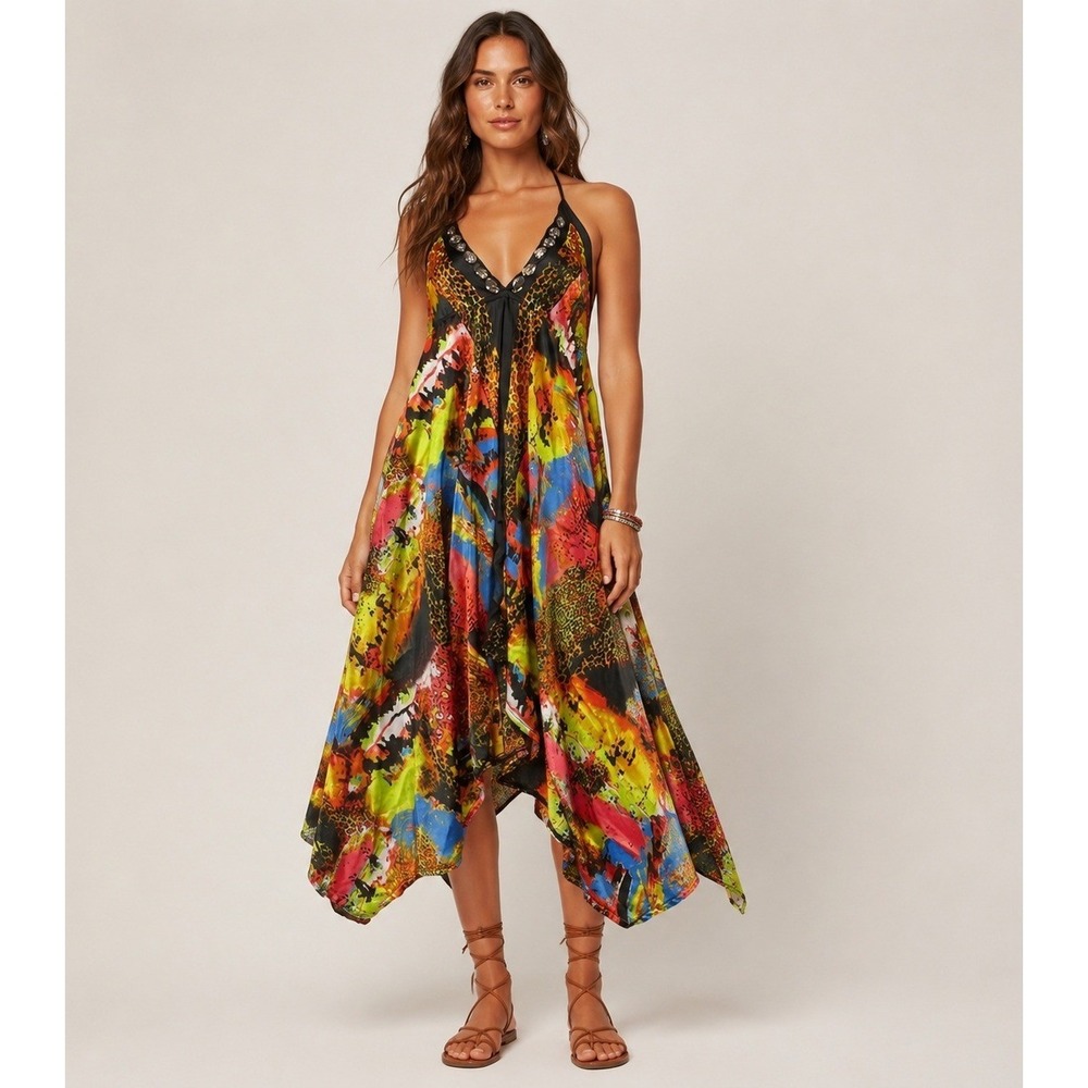 Festival Resort Beach Cover-up Dress Womens S Multicolor Beaded Satin Tie Back